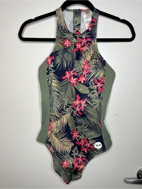 Roxy Tropical High-Neck One-Piece Swimsuit - Olive & Black Floral